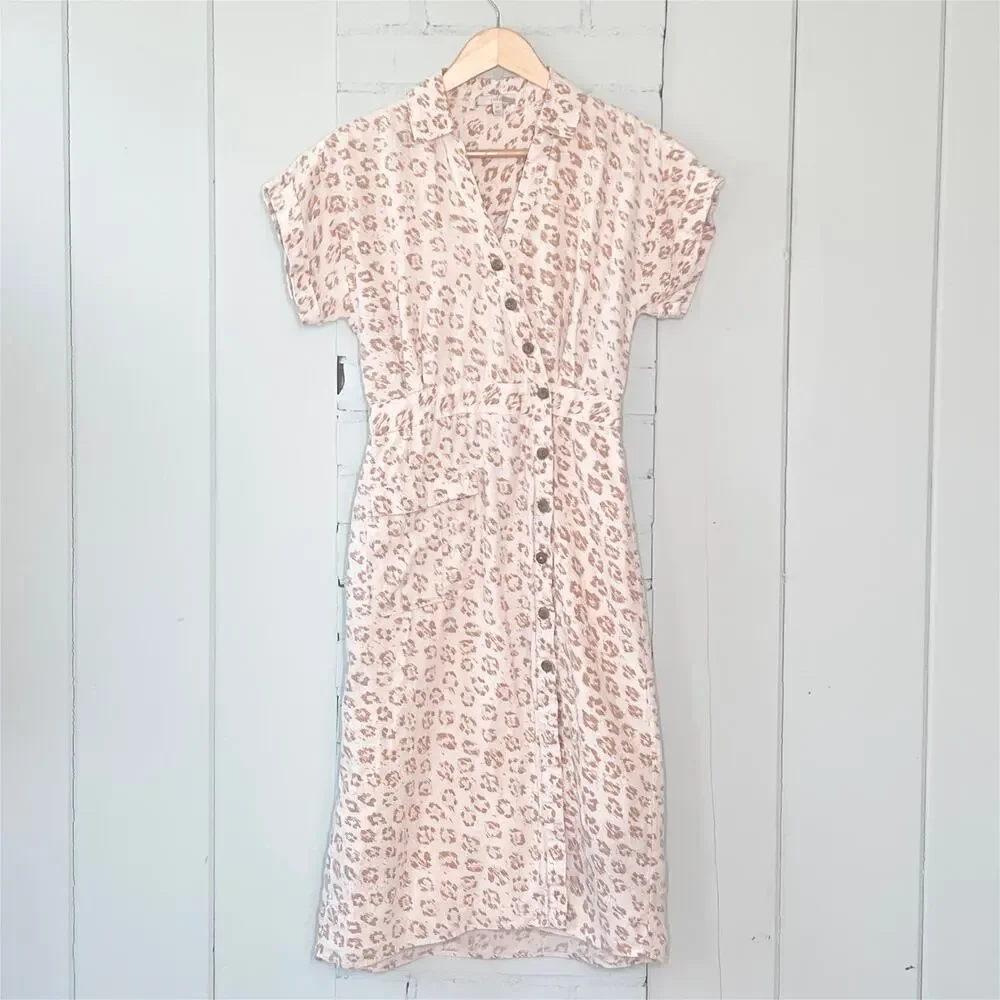 JOIE Coady Linen Midi Dress XS Leopard Print Tan Ivory - Picture 3 of 10